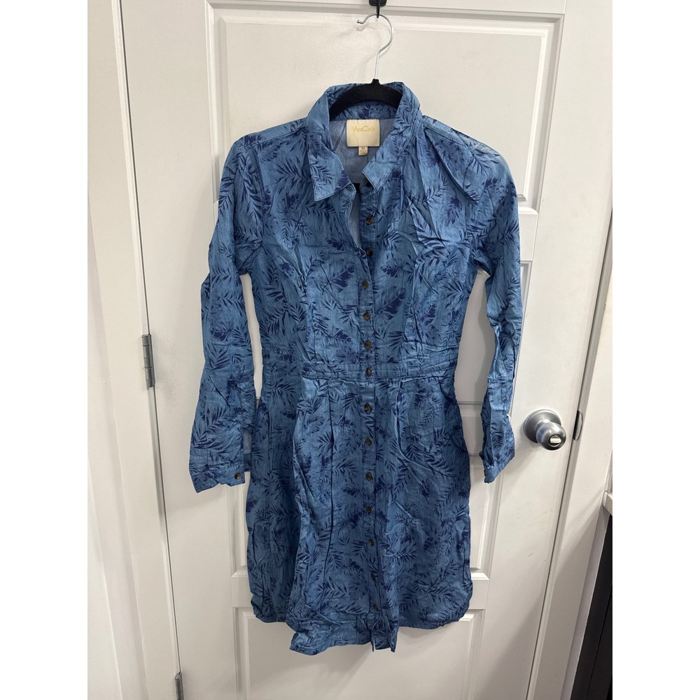 ModCloth Blue Tropical Leaf Print Button Front Shirt Dress Long‎ Sleeve Womens M